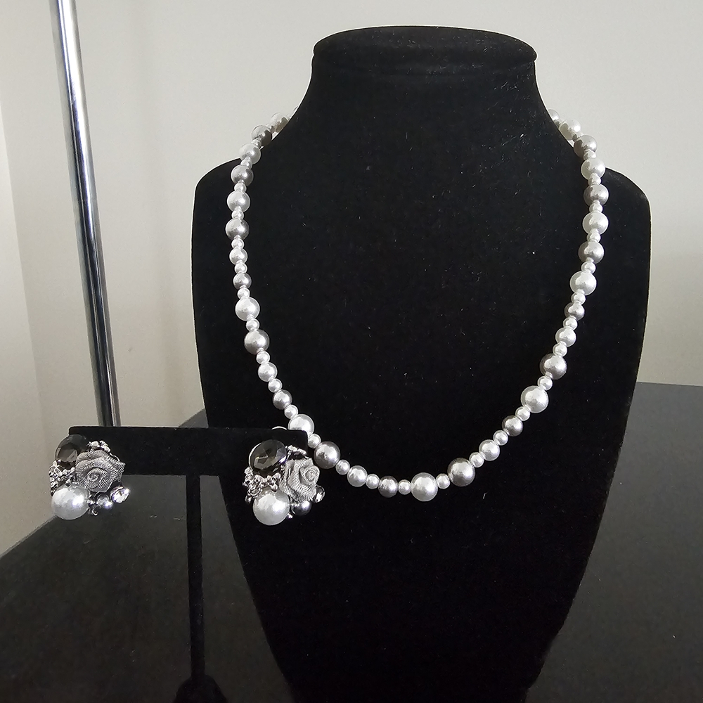 Elegant Silver Pearl Necklace and Earring Set